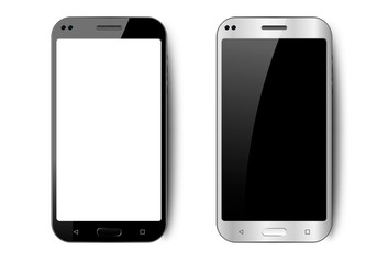 Black and white realistic smartphone with shadow, camera and glare, mobile phone mockup with blank screen for your design on isolated background, vector illustration