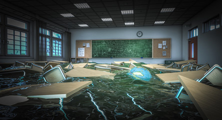 Flooded school class with floating desks and chairs