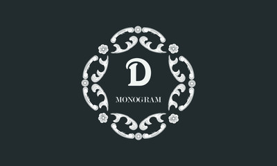 Vintage flower monogram with the letter D. Exquisite three-dimensional logo. Luxury frame for business sign, label, boutique brand, hotel, restaurant, heraldry.