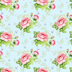 Seamless pattern beautiful roses, herbs and butterflies painted on paper with paints