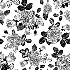 Black and White Roses Vector Seamless Pattern