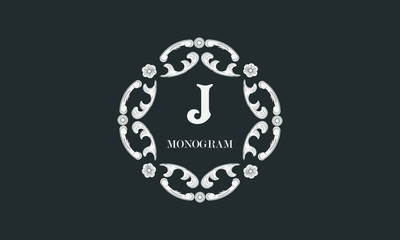 Vintage flower monogram with the letter J. Exquisite three-dimensional logo. Luxury frame for business sign, label, boutique brand, hotel, restaurant, heraldry.
