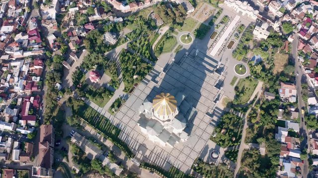 Flight over Holy Trinity Cathedral of Tbilisi commonly known as Sameba, the biggest cathedral of Georgian Orthodox Church located in Tbilisi, the capital of Georgia. part two
