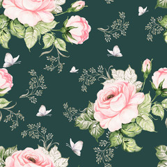 Seamless pattern beautiful roses, herbs and butterflies painted on paper with paints