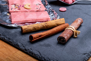 Handmade pink chocolate with filling