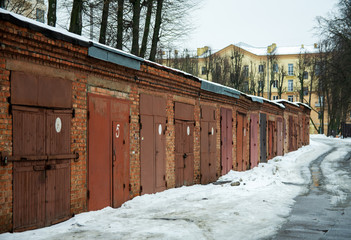 Osmolovka street, garages, old building, red doors, Soviet courtyard