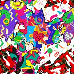 Abstract fun color pattern cartoon texture for doodle geometric background. Seamless ornament of amphibian frogs, butterflies, figures, circle, memphis, patchwork. Printing clothes for boys, girls.