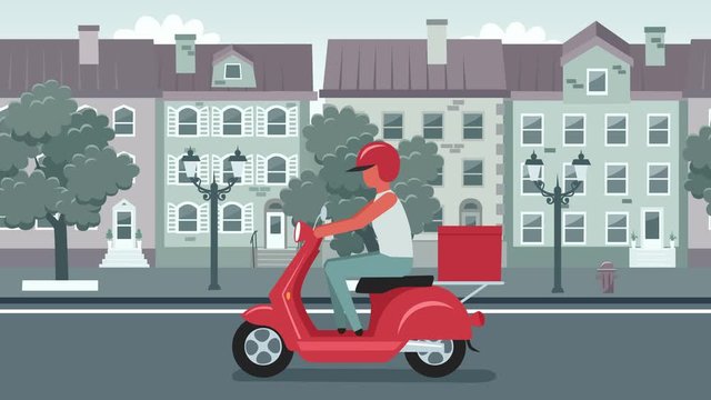 Color Stick Figure Man Character Ride in Red Motorcycle City Delivery Animation