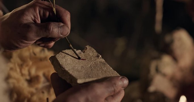 Primitive man writing on a stone at night with blood from his soulder using a twig in close up.