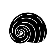 Spiral shell black glyph icon. Gastropod seashell, conchology silhouette symbol on white space. Empty molluscan animal cockleshell, common snail conch, moonshell vector isolated illustrations