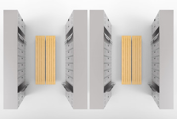 3d rendering. Aerial view of gray lockers rows separated by wood benches.