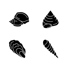 Different seashells black glyph icons set on white space. Exotic sea shells collection, conchology silhouette symbols. Triton trumpet, oyster, auger and top snail shells vector isolated illustrations