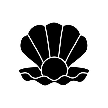 Open clam with pearl black glyph icon. Exotic seashell with precious gem. Ocean souvenir, conchology silhouette symbol on white space. Scallop shell, oyster, mussel vector isolated illustrations