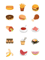 food menu restaurant snack ingredient flat style icons set