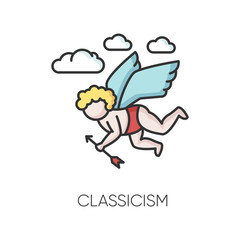 Classicism RGB color icon. Western traditional cultural movement. Baby cupid flying with arrow. Classical visual art. Isolated vector illustration
