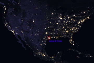 High Resolution Map Composition of USA at night pinpointing Houston, Texas -  Elements of this image furnished by NASA