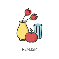 Realism RGB color icon. Fine art movement. Naturalism style. Vase with flowers and fruit. Still life, visual art. Isolated vector illustration