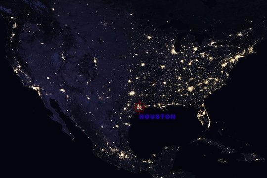 High Resolution Map Composition of USA at night pinpointing Houston, Texas -  Elements of this image furnished by NASA - Powered by Adobe