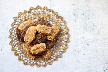 Homemade oatmeal granola bar cookies. Sweet vegan dessert on breakfast.