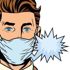 man using face mask for covid19 with speech bubble pop art