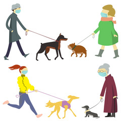 Walking with dogs - people in medical masks in quarantine.