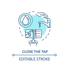 Close tap turquoise concept icon. Efficient water usage. Faucet leak. Environmental care. Resource saving idea thin line illustration. Vector isolated outline RGB color drawing. Editable stroke