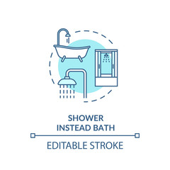Shower instead bath turquoise concept icon. Efficient water consumption. Personal hygiene. Resource saving idea thin line illustration. Vector isolated outline RGB color drawing. Editable stroke