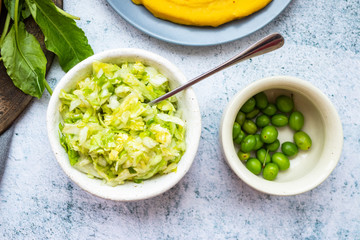 Fresh diet green cabbage salad. Vegan food.