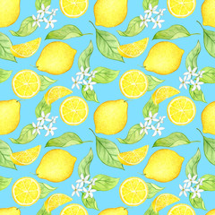 watercolor seamless pattern with lemons on a blue background