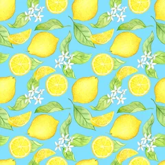 Behang Geel aquarel naadloos patroon met citroenen op een blauwe achtergrond