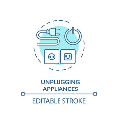 Unplugging appliance turquoise concept icon. Cable safety. Domestic electricity consumption. Resource saving idea thin line illustration. Vector isolated outline RGB color drawing. Editable stroke