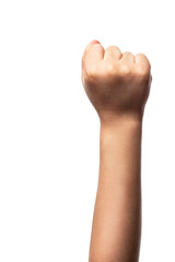 Child hands isolated on white fist up
