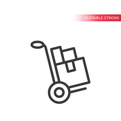 Trolley hand truck or push cart with boxes thin line vector icon. Editable stroke.
