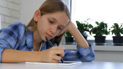 Kid Playing Tablet in Playroom, Child Writing Homework for School, Girl Studying at Home, Homeschooling, Online Education