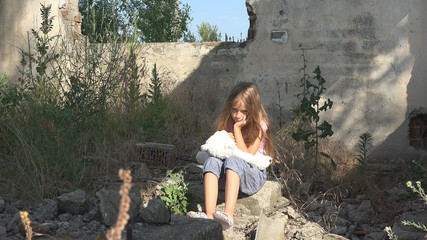 Fototapeta na wymiar Sad Child Abandoned in Ruins, Unhappy Stray Girl, Depressed Poor Kid, Homeless