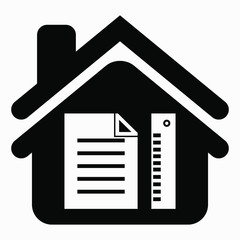 Icon house and ruler with paper. Calculation of the cost of the house. Design and architecture of the house. Educational institution. Vector icon.