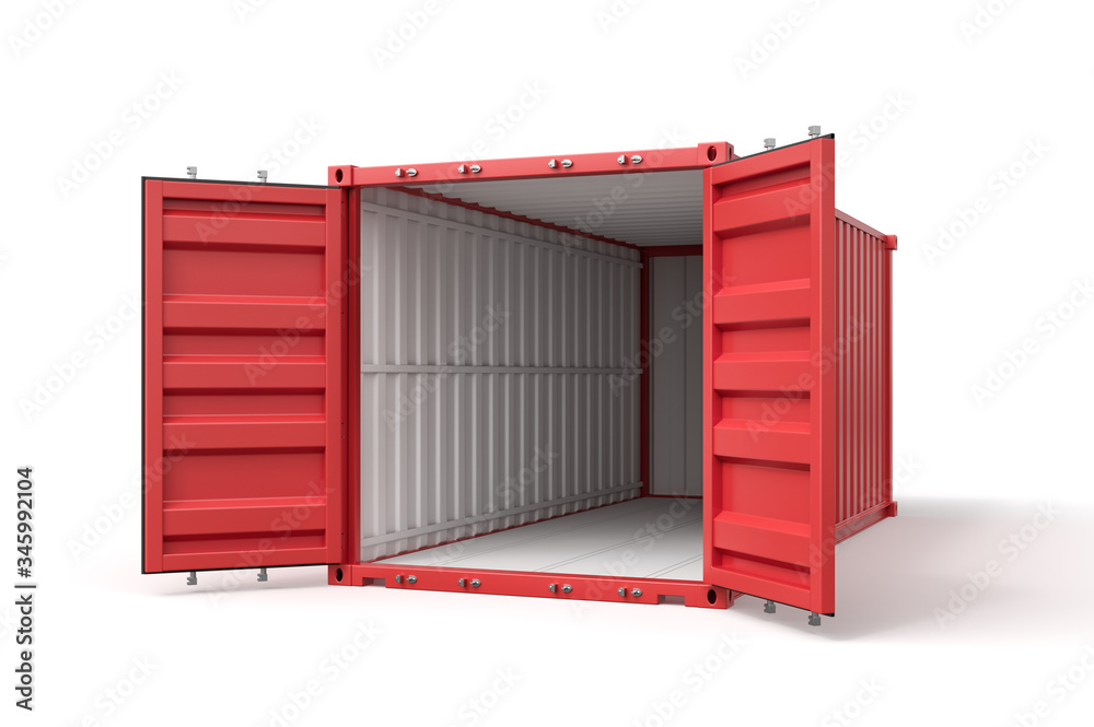 Poster 3d rendering of open red shipping container isolated on white background
