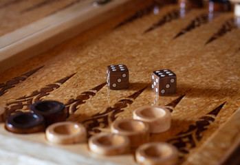 Board games of backgammon. Details of the board and checkers. Tawla. The ancient game of the East and Asia. Relax and have fun with your friends. Without people