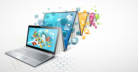 Laptop as a book. The concept of learning. Online education. Illustration