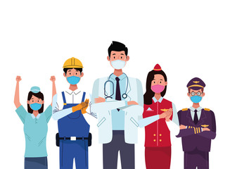 group workers using face masks for covid19