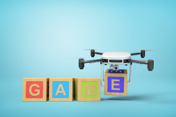 3d rendering of white drone carrying alphabet toy blocks making 'GAME' sign on blue background