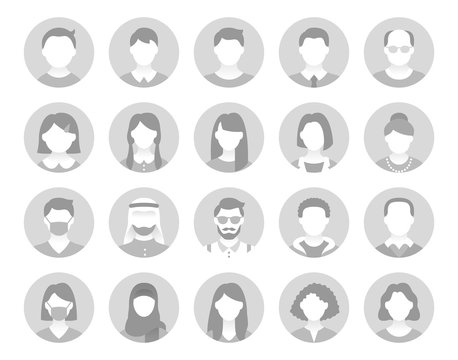 People avatar flat icons. Vector illustration included icon as man, female, muslim, senior, adult and young human pictogram for user profile. Grey Color
