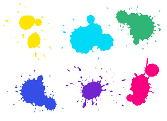 Colorful splashes collection. Yellow, red, green, blue and purple colors. Different shapes and many splashes.
