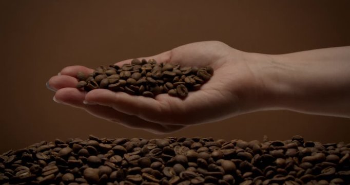 female hand full of coffee beans turns and coffee beans falling down slowly Slow motion from 120 fps