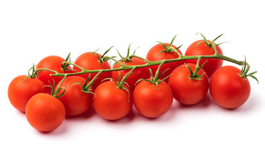 Ripe fresh Cherry tomatoes on branch isolated on white background. Organic vegetable. 