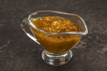 Green spicy sauce in the bowl