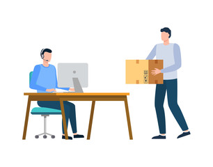 Manager working with computer, worldwide delivery online, courier character holding parcel box, portrait view of men employees, box transportation vector