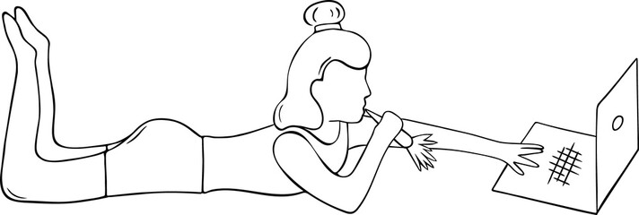 Woman lying on the floor, eating carrot and working on laptop at home. Study or work, relax, freelance.