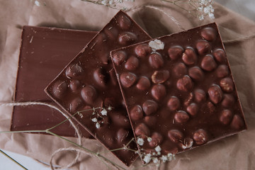 Chocolate with hazelnuts and fresh strawberries. Sweet breakfast. Sweets. Sweet food. Organic fruits.