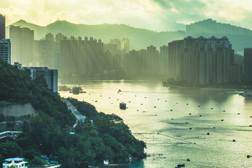 hong kong skyline at sunset